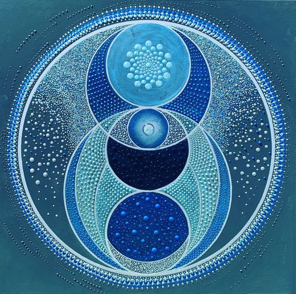 Amalthea — Acrylic paint with dichroic glass, 28x28” Square Cradleboard